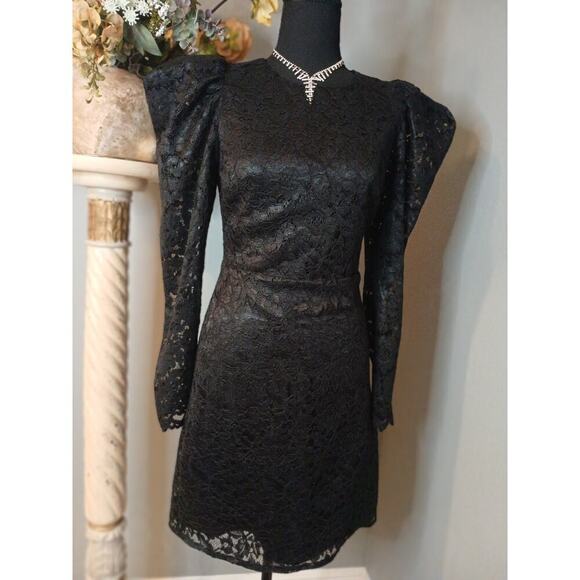Express Dresses & Skirts - Express Fit & Flare Dress Womens XS Black Lace Puff Sleeve Hidden Back Zip
